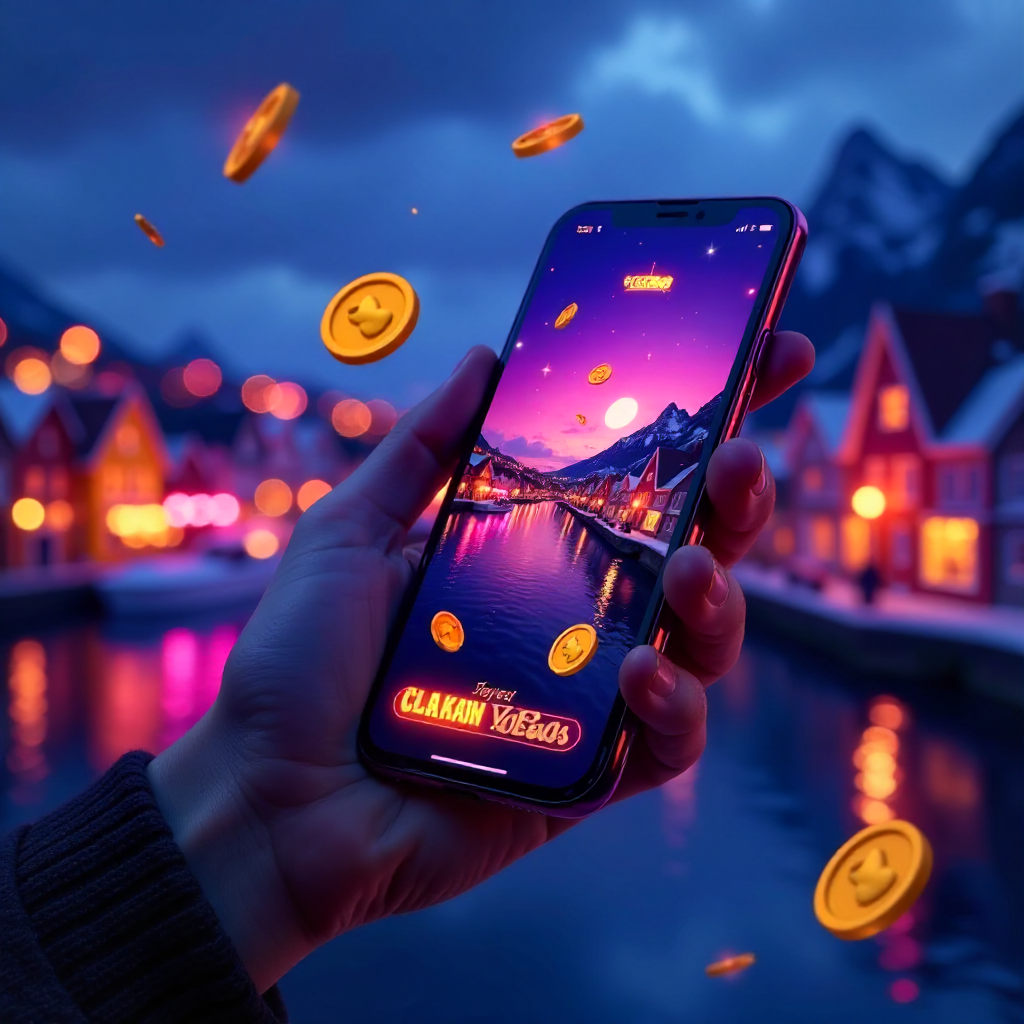 A hand holding a high-end smartphone with Vulkan Vegas colorful interface, background featuring the iconic Opera House in Oslo or the colorful wooden houses of Bryggen in Bergen. Neon blue and violet brand colors, 3D flying golden coins and vibrant casino
